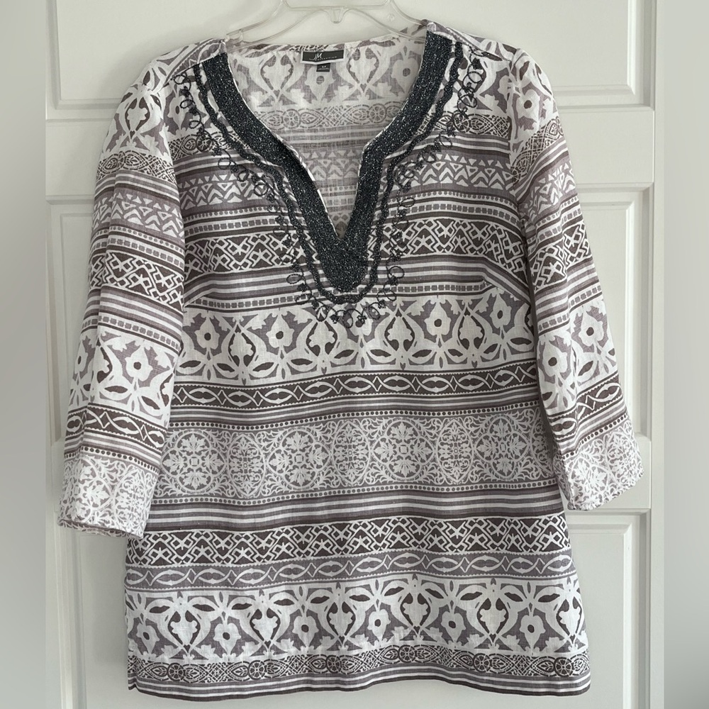 JM Collection 100% Linen Greige White Print Tunic Top Womens M Coastal Grandma